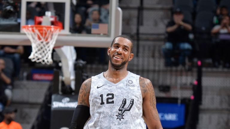 LaMarcus Aldridge #12 of the San Antonio Spurs smiles during the game against the New Orleans Pelicans on February 2, 2019 at the AT&T Center in San Antonio, Texas.