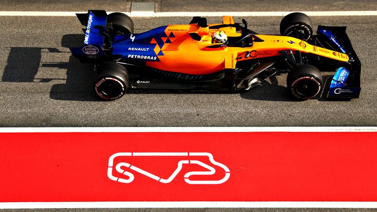 Lando Norris in the pitlane during day two of winter testing at Circuit de Catalunya on February 19, 2019