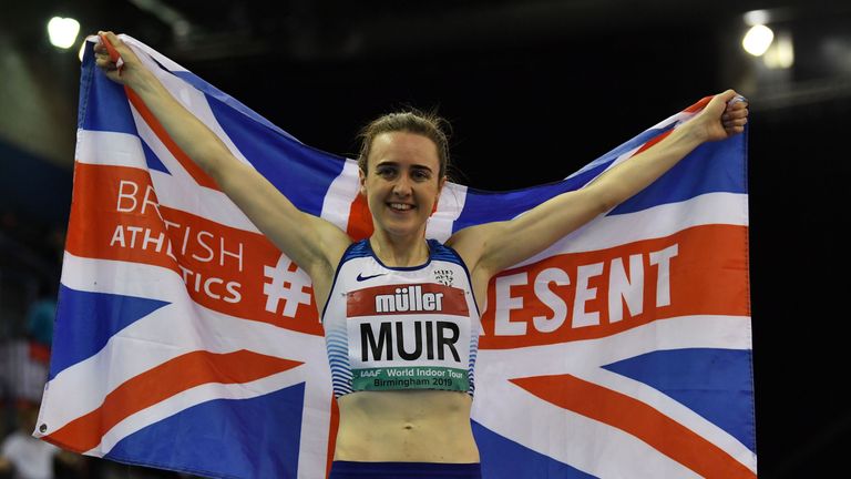 Laura Muir celebrates her win in the Mile at the Indoor Grand Prix in Birmingham on Saturday