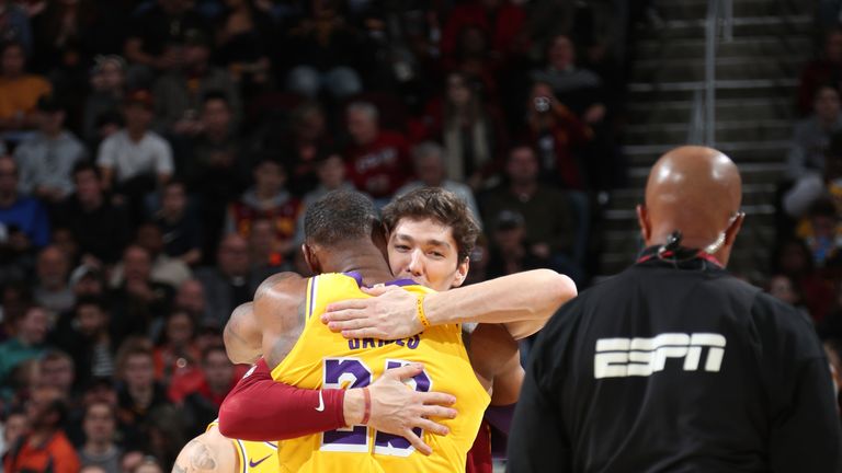 LeBron James #23 of the Los Angeles Lakers and Cedi Osman #16 of the Cleveland Cavaliers during a game on November 21, 2018 at Quicken Loans Arena in Cleveland, Ohio.