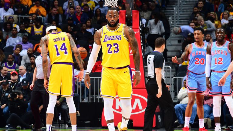 LeBron James of the Los Angeles Lakers looks on against the Atlanta Hawks