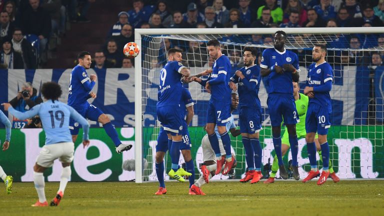 Man City's Leroy Sane bends in his free-kick against Schalke