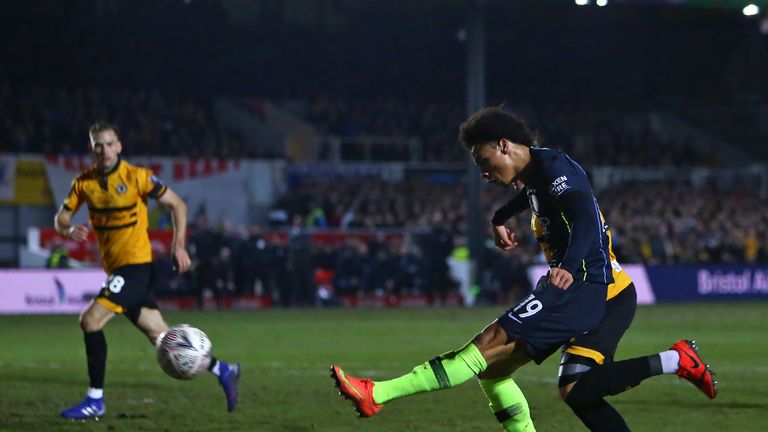 Leroy Sane hit the woodwork with this effort against Newport County