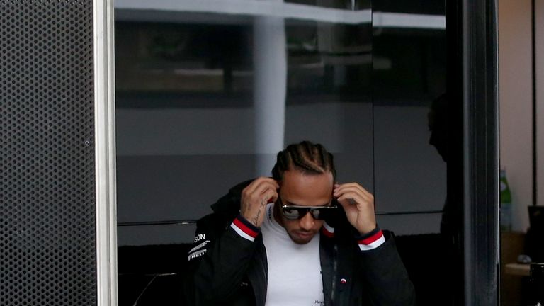Lewis Hamilton in the Paddock on the second day of winter testing at Circuit de Catalunya on February 19, 2019