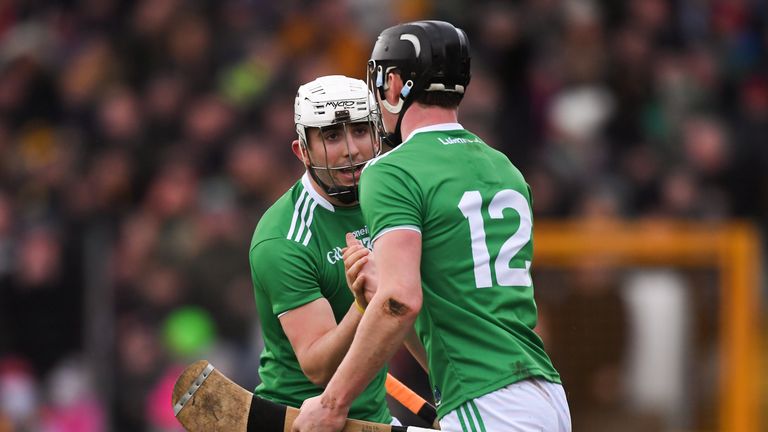 Conor Boylan celebrates with Aaron Gillane after scoring Limerick's second goal