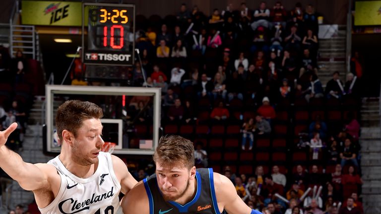  Luka Doncic #77 of the Dallas Mavericks handles the ball against the Cleveland Cavaliers on February 2, 2019 at Quicken Loans Arena in Cleveland, Ohio. 