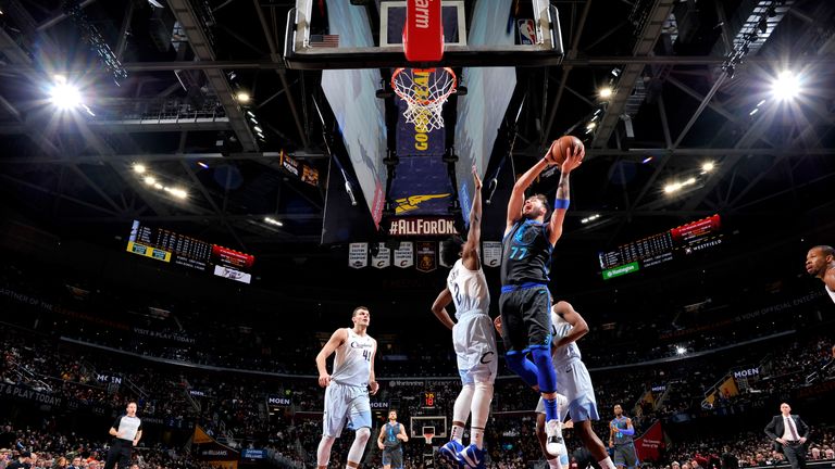 Luka Doncic #77 of the Dallas Mavericks shoots the ball against the Cleveland Cavaliers on February 2, 2019 at Quicken Loans Arena in Cleveland, Ohio. 