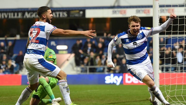 Luke Freeman celebrates scoring the opening goal for QPR against Leeds