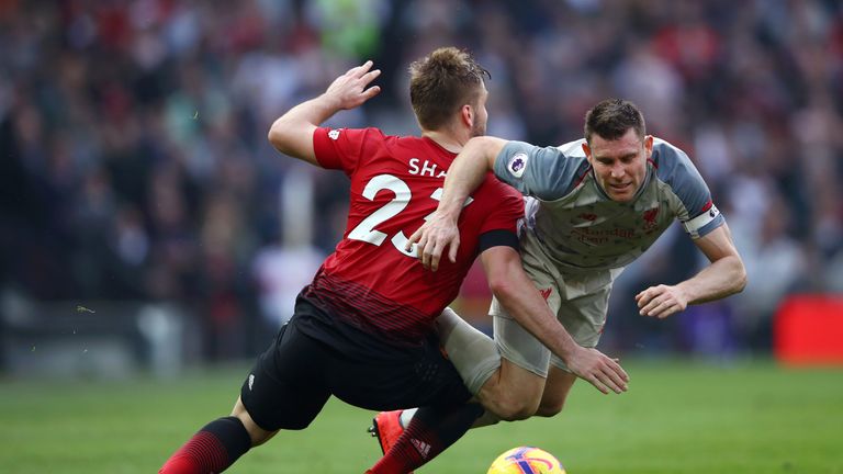 James Milner and Luke Shaw during the Premier League match between Manchester United and Liverpool FC at Old Trafford on February 24, 2019 in Manchester, United Kingdom.