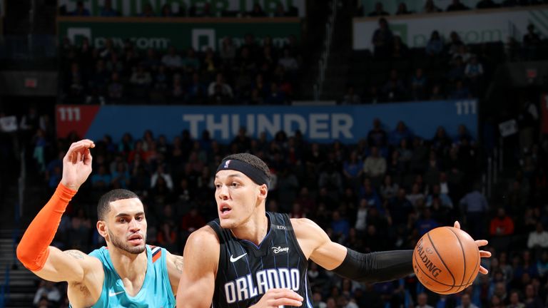 OKLAHOMA CITY, OK - FEBRUARY 5: Aaron Gordon #00 of the Orlando Magic drives to the basket against the Oklahoma City Thunder on February 5, 2019 at the Chesapeake Energy Arena in Oklahoma City, Oklahoma.  NOTE TO USER: User expressly acknowledges and agrees that, by downloading and or using this photograph, User is consenting to the terms and conditions of the Getty Images License Agreement. Mandatory Copyright Notice: Copyright 2019 NBAE  (Photo by Zach Beeker/NBAE via Getty Images) 