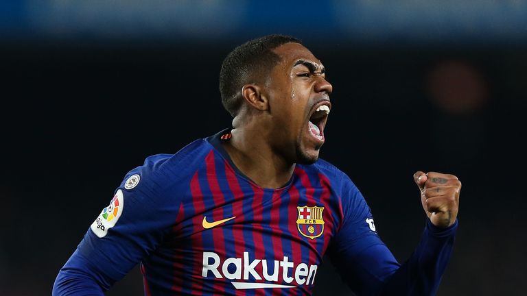 Malcom of FC Barcelona celebrates after scoring his team's first goal during the Copa del Semi Final first leg match between Barcelona and Real Madrid at Nou Camp on February 06