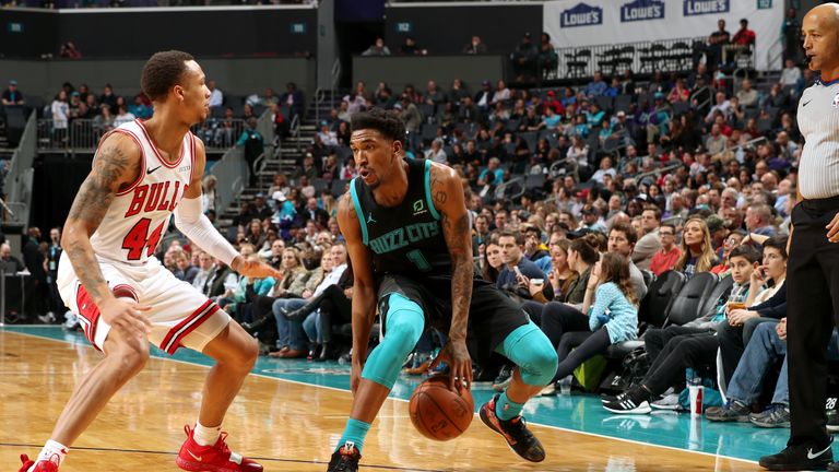 Malik Monk #1 of the Charlotte Hornets handles the ball against the Chicago Bulls on February 2, 2019 at the Spectrum Center in Charlotte, North Carolina. 