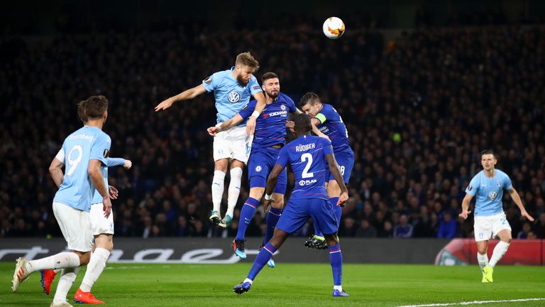 Action from Chelsea's Europa League last-32 second leg match against Malmo