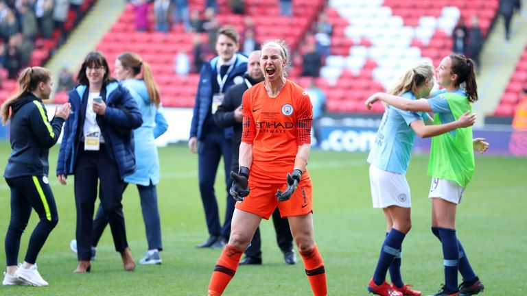 Karen Bardsley celebrates City's win.