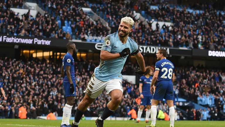 Sergio Aguero celebrates scoring Manchester City&#39;s third goal against Chelsea