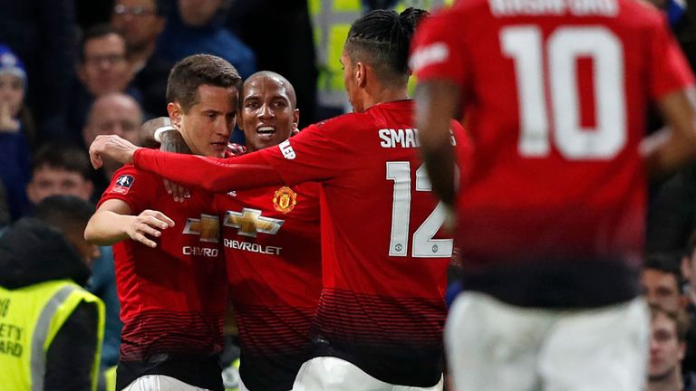 Ander Herrera is congratulated after scoring United's opener