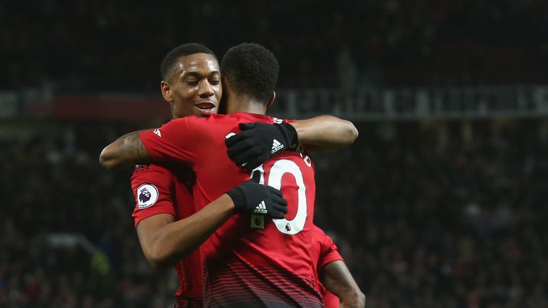 Anthony Martial and Marcus Rashford during the Premier League match between Manchester United and AFC Bournemouth at Old Trafford on December 30, 2018 in Manchester, United Kingdom.