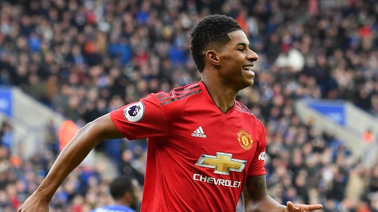 Marcus Rashford celebrates after scoring the opening goal of the game against Leicester City