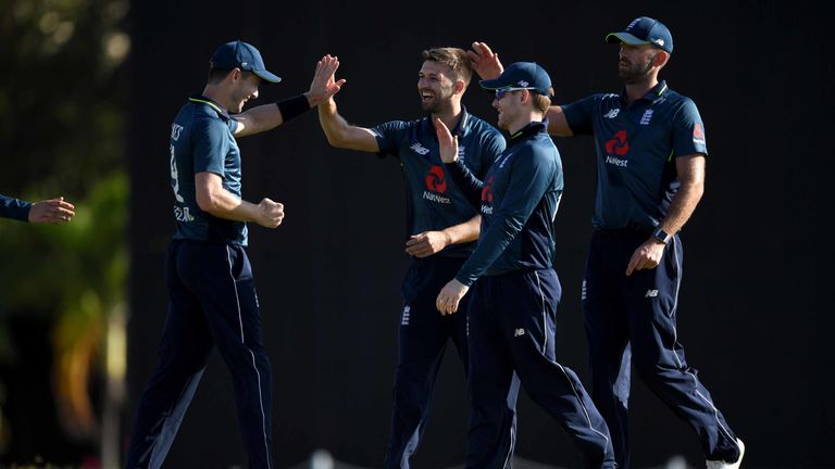 Mark Wood celebrates a wicket in England's ODI warm-up at Three Ws Oval in Barbados