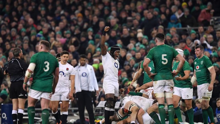 Maro Itoje (C) celebrates a turnover during the match at the Aviva Stadium