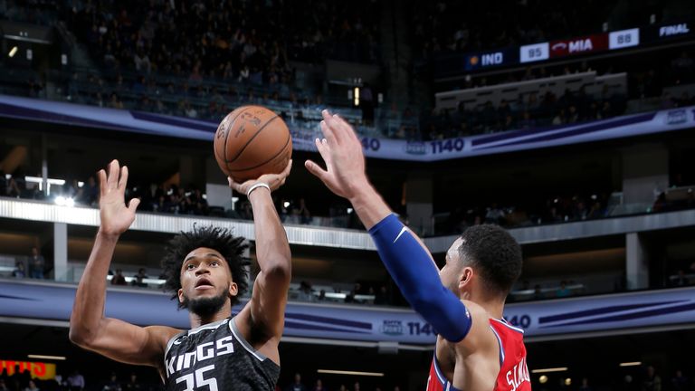 Marvin Bagley III #35 of the Sacramento Kings shoots the ball against the Philadelphia 76ers on February 2, 2019 at Golden 1 Center in Sacramento, California