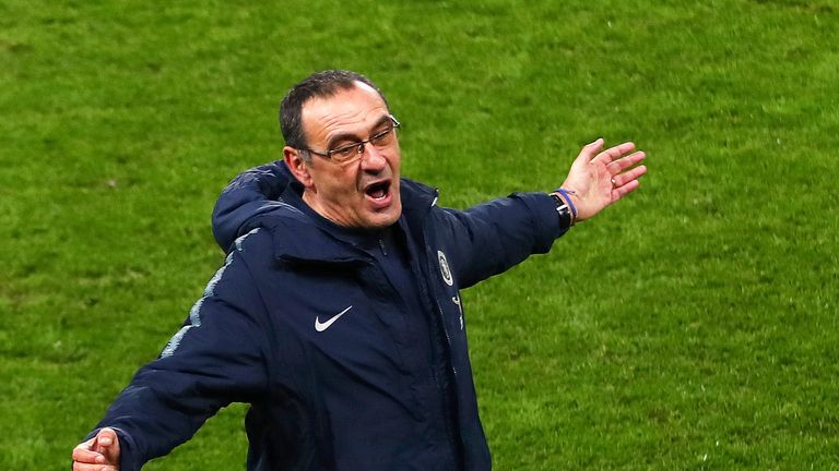 Maurizio Sarri reacts during the FA Cup, Fifth Round match between Chelsea and Manchester United at Stamford Bridge