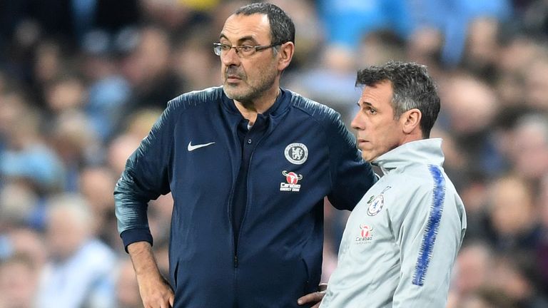 Maurizio Sarri and his assistant Gianfranco Zola during the Carabao Cup Final between Chelsea and Manchester City at Wembley Stadium