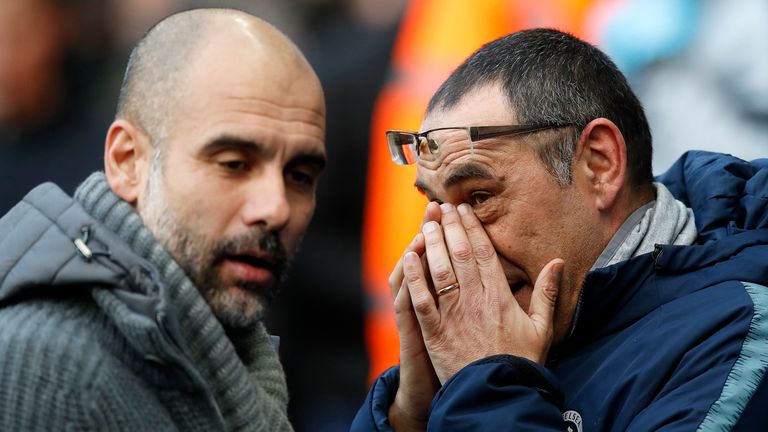 Chelsea manager Maurizio Sarri (right) and Manchester City manager Pep Guardiola ahead of kick-off
