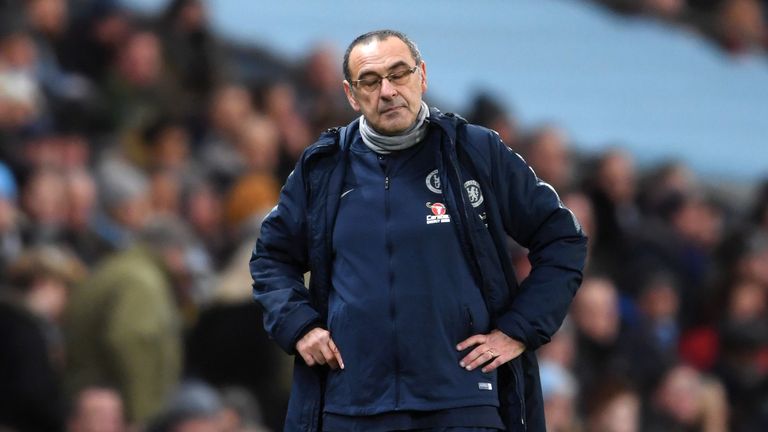 Maurizio Sarri during the Premier League match between Manchester City and Chelsea FC at Etihad Stadium on February 10, 2019 in Manchester, United Kingdom.