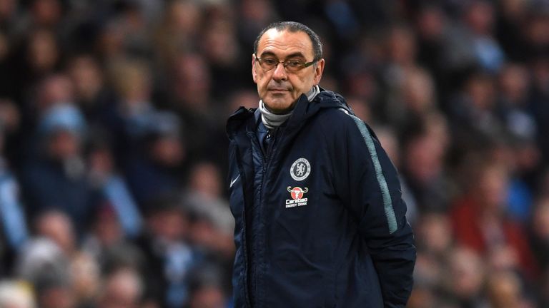 Maurizio Sarri during the Premier League match between Manchester City and Chelsea FC at Etihad Stadium on February 10, 2019 in Manchester, United Kingdom.