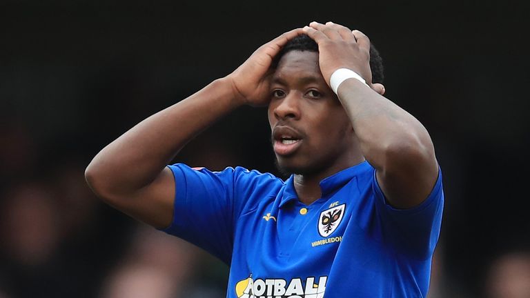 AFC Wimbledon's Michael Folivi reacts to a missed chance
