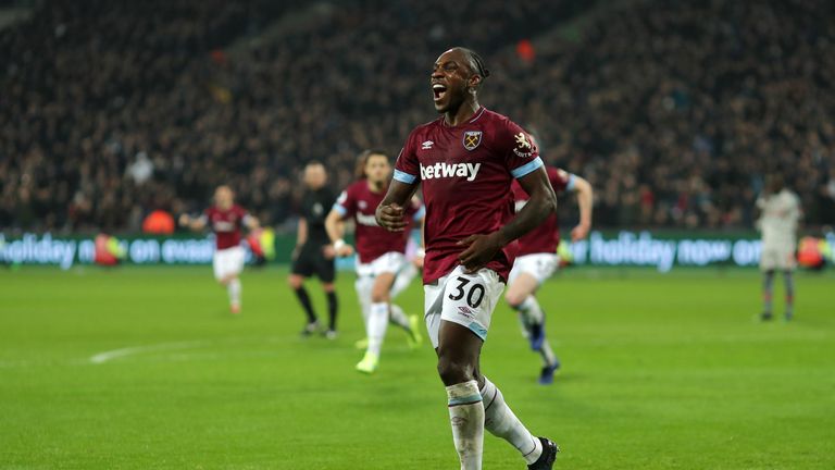 Michail Antonio celebrates after scoring West Ham's equaliser 