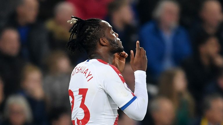 Michy Batshuayi of Crystal Palace celebrates after scoring his team's first goal during the Premier League match between Leicester City and Crystal Palace at The King Power Stadium on February 23, 2019 in Leicester, United Kingdom