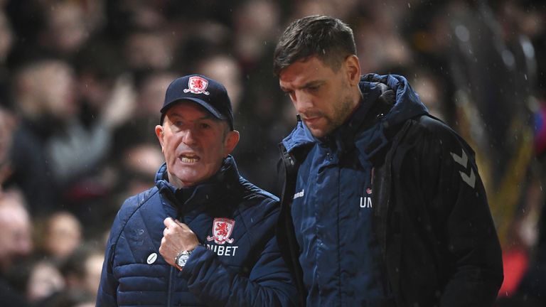 Boro manager Tony Pulis in discussion with coach Jonathan Woodgate 