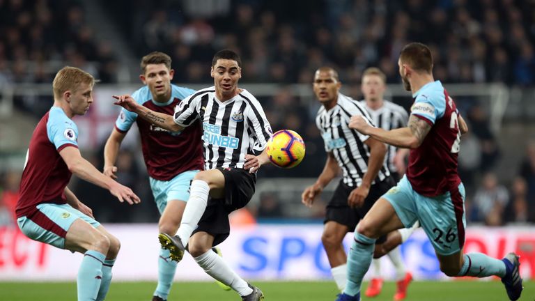 Miguel Almiron of Newcastle United takes on the Burnley defence at St. James Park
