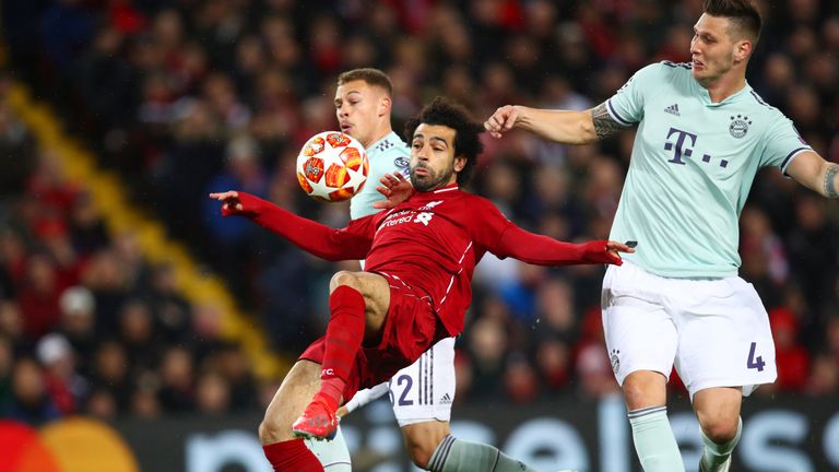 Mohamed Salah attempts to control the ball for Liverpool against Bayern Munich