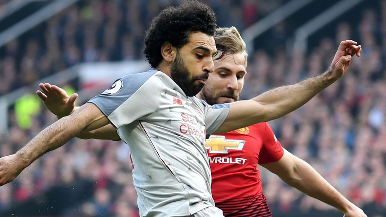 Mohamed Salah and Luke Shaw during the Premier League match between Manchester United and Liverpool FC at Old Trafford on February 24, 2019 in Manchester, United Kingdom.