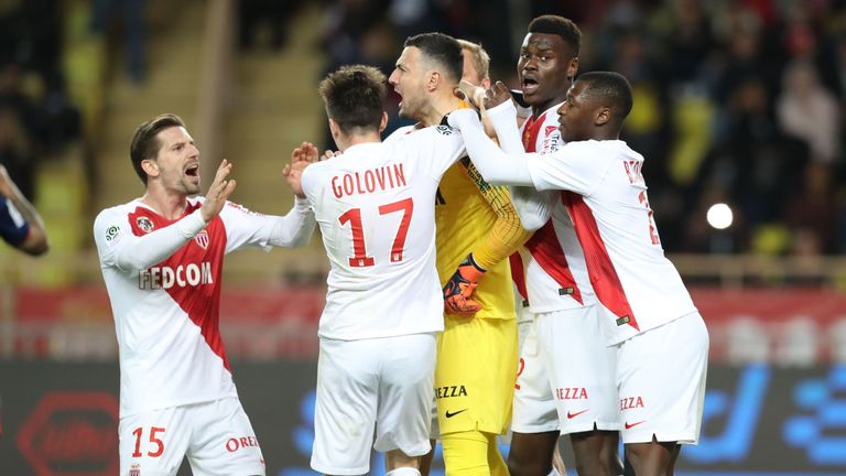 Monaco's goalkeeper Danijel Subasic reacts after stopping a penalty against Lyon