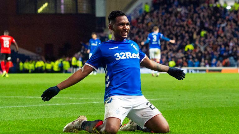 Alfredo Morelos celebrates making it 5-0 against Kilmarnock on Wednesday