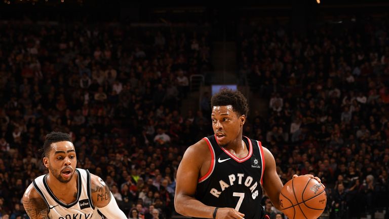 TORONTO, CANADA - FEBRUARY 11: Kyle Lowry #7 of the Toronto Raptors handles the ball against the Brooklyn Nets on February 11, 2019 at the Scotiabank Arena in Toronto, Ontario, Canada. NOTE TO USER: User expressly acknowledges and agrees that, by downloading and or using this Photograph, user is consenting to the terms and conditions of the Getty Images License Agreement.  Mandatory Copyright Notice: Copyright 2019 NBAE (Photo by Ron Turenne/NBAE via Getty Images)