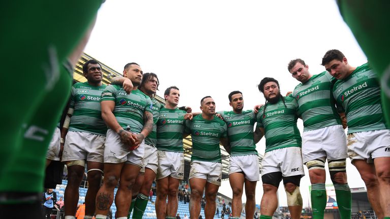 The Newcastle Falcons side hold a post match huddle during the Gallagher Premiership Rugby match between Exeter Chiefs and Newcastle Falcons at Sandy Park on February 23, 2019 in Exeter, United Kingdom.