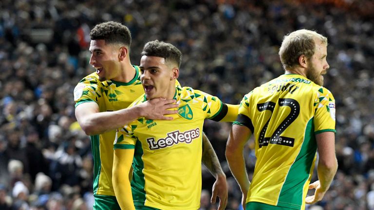 Norwich players Ben Godfrey, Max Aarons and Teemu Pukki celebrate after going 2-0 up at Elland Road
