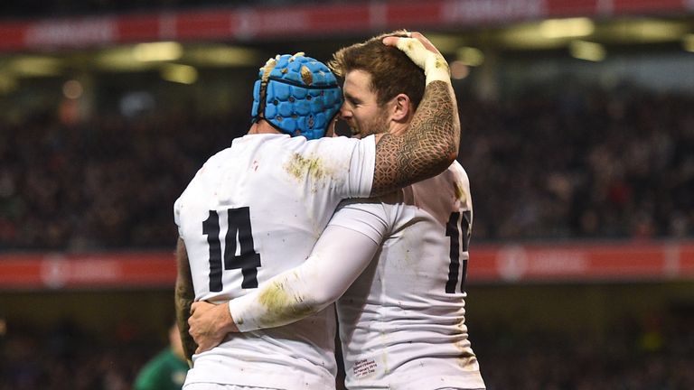 2 February 2019; Elliot Daly, right, celebrates with teammate Jonny May of England after scoring his side's second try during the Guinness Six Nations Rugby Championship match between Ireland and England in the Aviva Stadium in Dublin. Photo by David Fitzgerald/Sportsfile