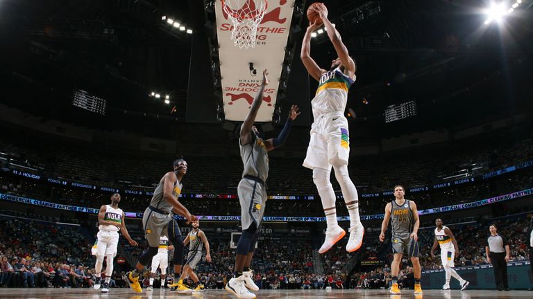 Jahlil Okafor of the New Orleans Pelicans shoots the ball against the Indiana Pacers