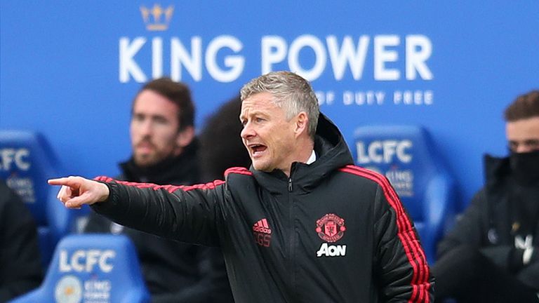 Ole Gunnar Solskjaer, Interim Manager of Manchester United gives his team instructions during the Premier League match between Leicester City and Manchester United at The King Power Stadium on February 3, 2019 in Leicester, United Kingdom