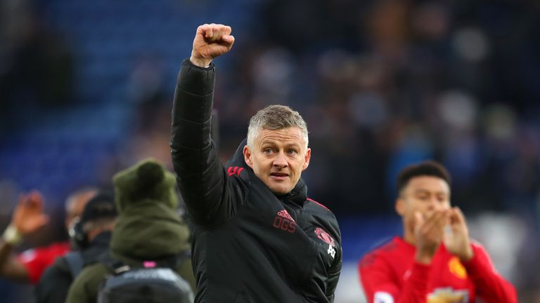 Ole Gunnar Solskjaer, Interim Manager of Manchester United celebrates victory following the Premier League match between Leicester City and Manchester United at The King Power Stadium on February 3, 2019 in Leicester, United Kingdom.