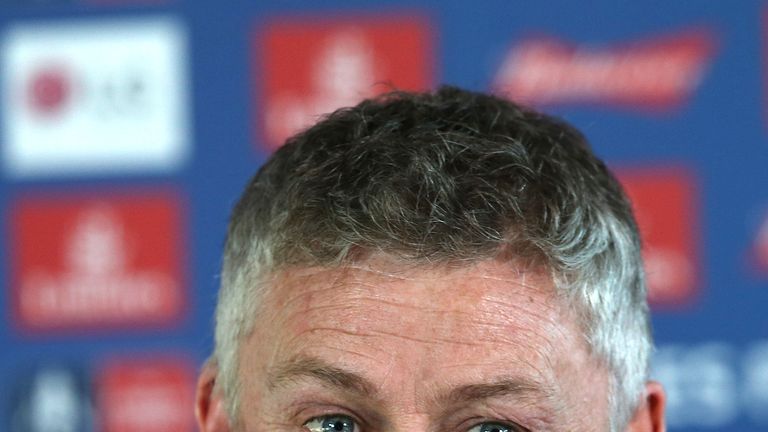 Ole Gunnar Solskjaer speaks during a press conference at Carrington