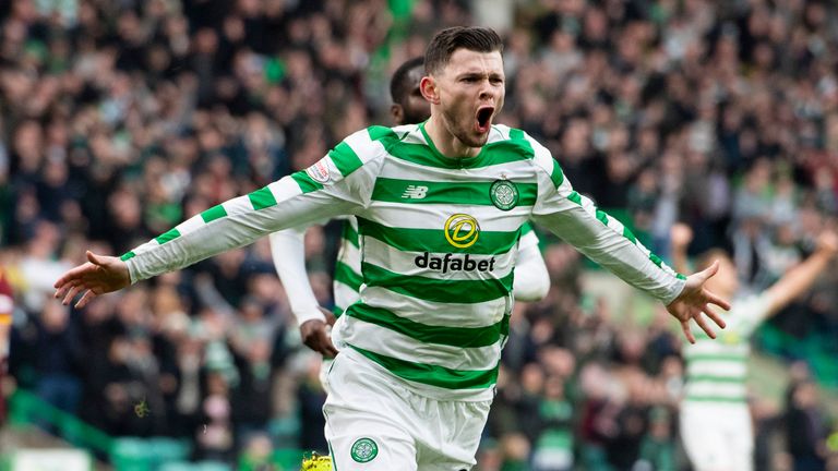 Oliver Burke celebrates his late goal to make it 4-1 for Celtic against Motherwell