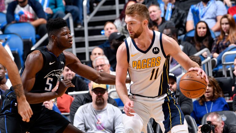 ORLANDO, FL - JANUARY 31: Domantas Sabonis #11 of the Indiana Pacers handles the ball during the game while Mo Bamba #5 of the Orlando Magic plays defense on January 31, 2019 at Amway Center in Orlando, Florida. NOTE TO USER: User expressly acknowledges and agrees that, by downloading and or using this photograph, User is consenting to the terms and conditions of the Getty Images License Agreement. Mandatory Copyright Notice: Copyright 2019 NBAE (Photo by Fernando Medina/NBAE via Getty Images)