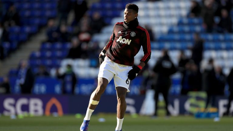 Manchester United's Paul Pogba warms up on the pitch prior to the Premier League match at the King Power Stadium, Leicester